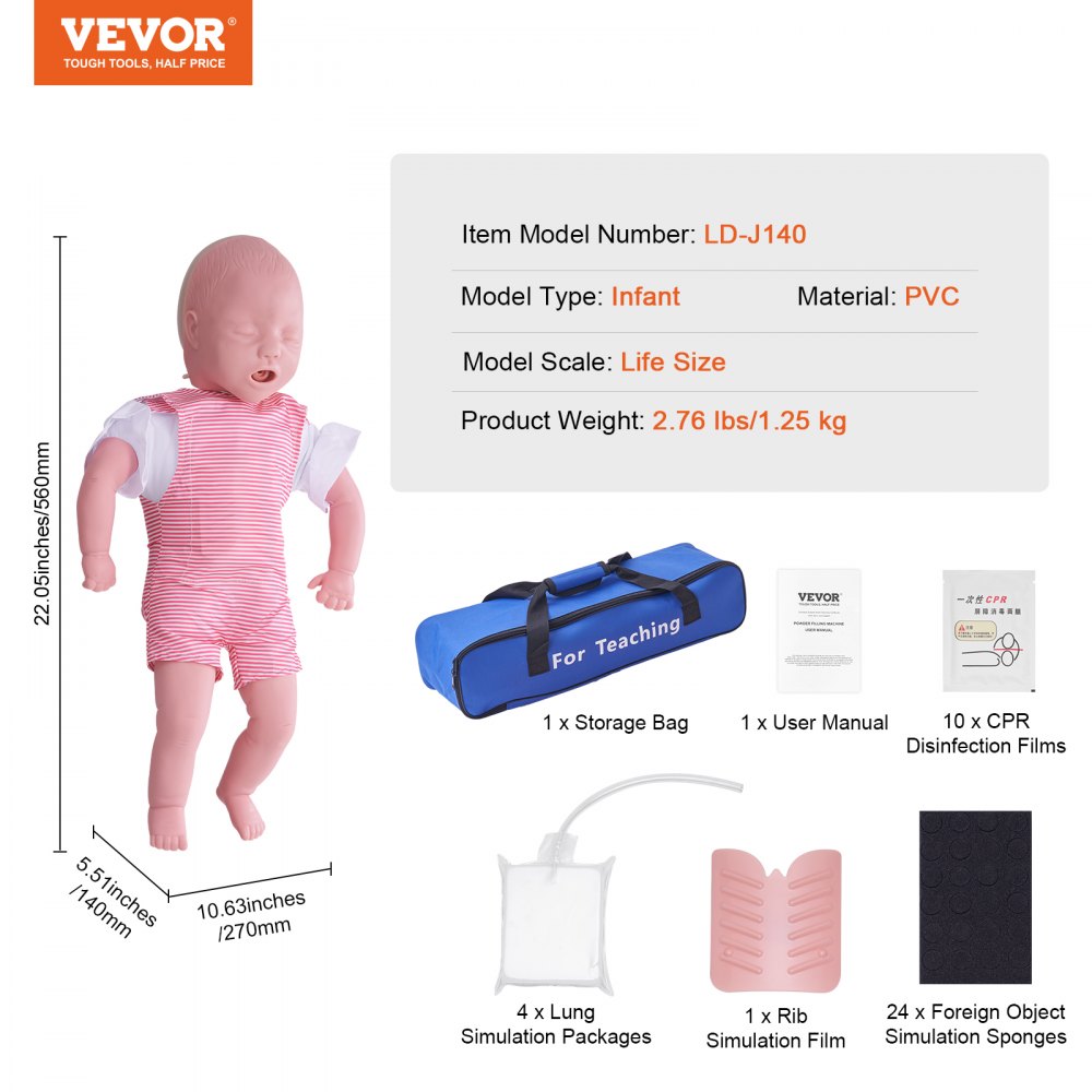 Maniquí de entrenamiento VEVOR para RCP infantil, práctica de la maniobra de Heimlich y reanimación cardiopulmonar (RCP), maniquí profesional de entrenamiento para la obstrucción de las vías respiratorias en bebés, modelo de infarto infantil para la educación.
