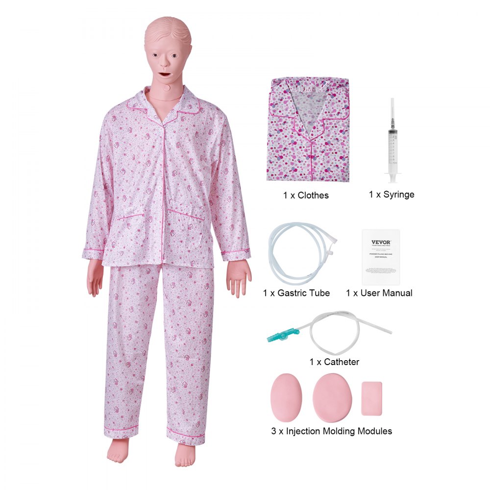 Maniquí de entrenamiento de enfermería VEVOR, pijama rosa, jeringa, tubo gástrico, manual de usuario, catéter, módulos de moldeo por inyección.