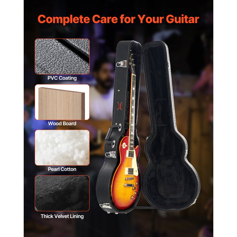 VEVOR Estuche rígido para guitarra eléctrica de 105 cm (41,34"), con forma de calabaza, con cerradura, pestillo, llave y asa, acolchado de PVC, forro suave, resistente al agua, para guitarras LES Paul de 99 cm (39"), color negro
