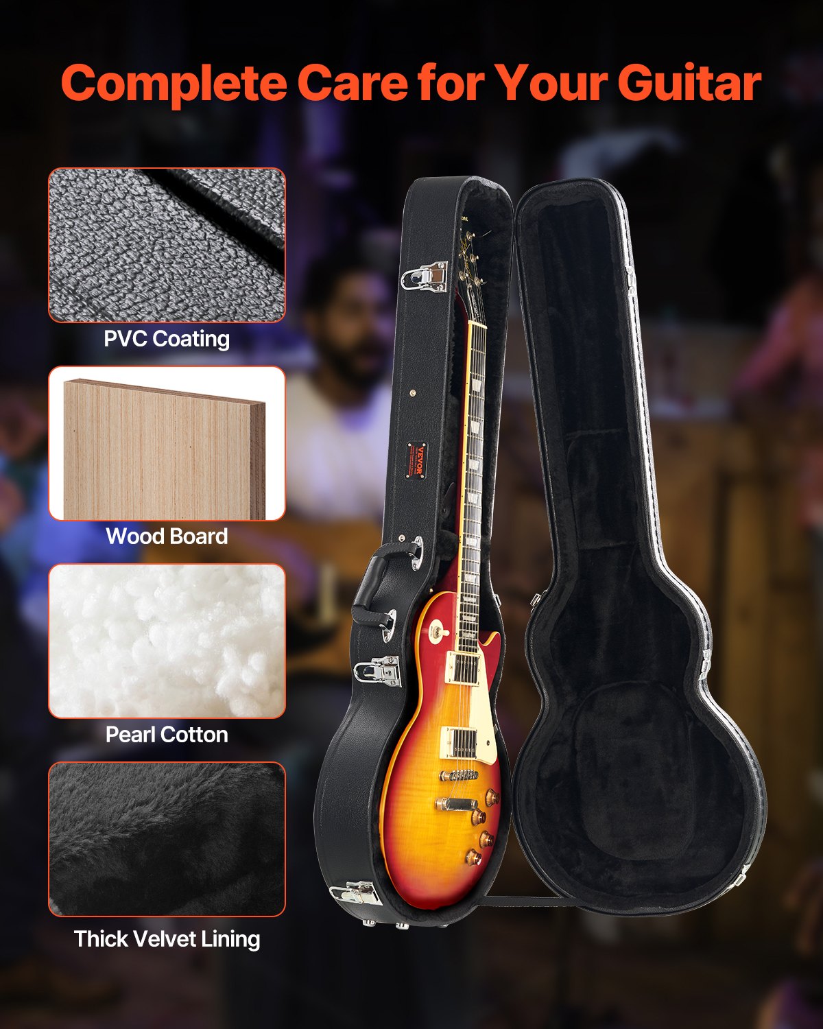 VEVOR Estuche rígido para guitarra eléctrica de 105 cm (41,34"), con forma de calabaza, con cerradura, pestillo, llave y asa, acolchado de PVC, forro suave, resistente al agua, para guitarras LES Paul de 99 cm (39"), color negro