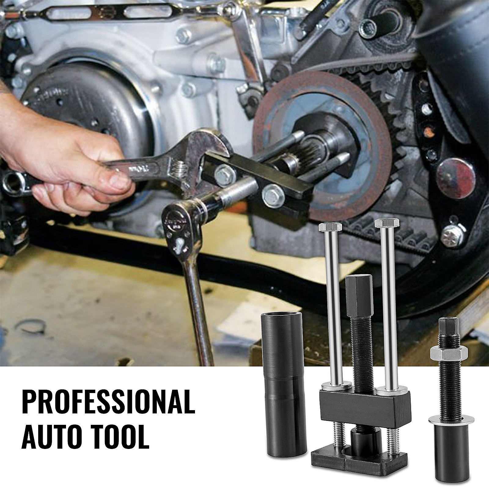 Mecánico que utiliza la herramienta VEVOR para pistas de cojinetes del eje principal en el motor de un vehículo.