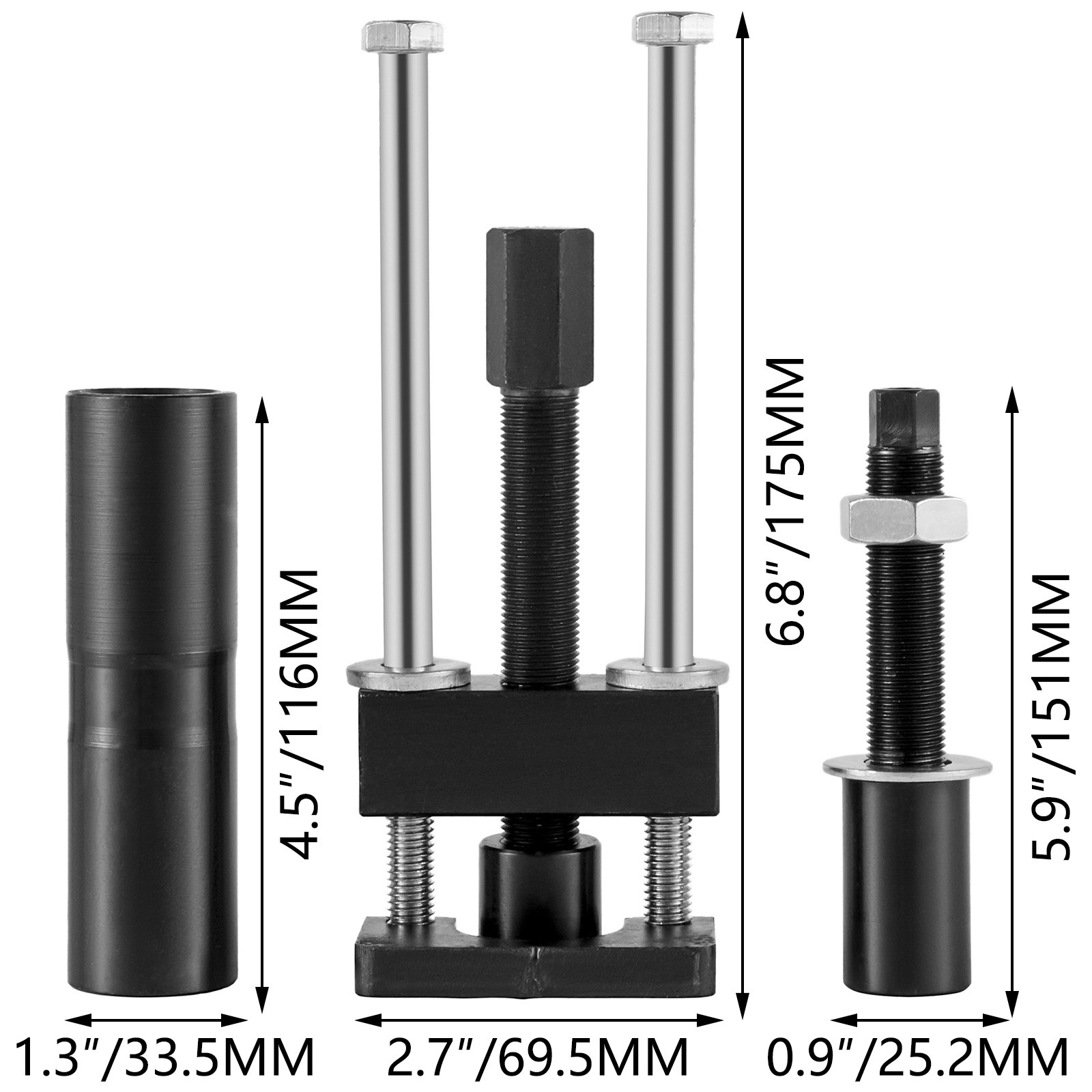 Herramienta para pistas de cojinetes de eje principal VEVOR con dimensiones y componentes mostrados.