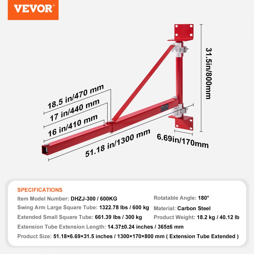 Brazo de elevación eléctrico VEVOR con dimensiones, acero al carbono rojo, modelo dhzj-300, capacidad 600 kg.