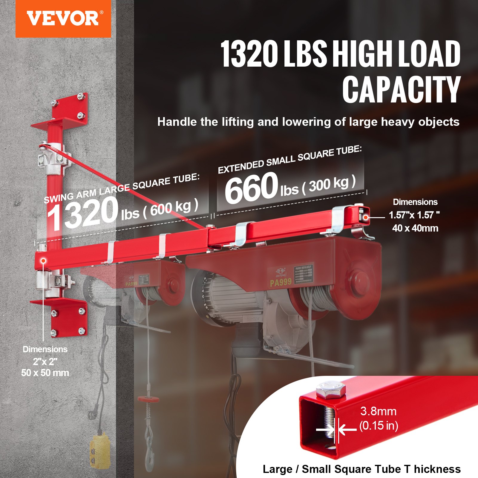Brazo de elevación eléctrico VEVOR con capacidad de carga de 1320 lb, dimensiones mostradas y especificaciones detalladas del tubo.