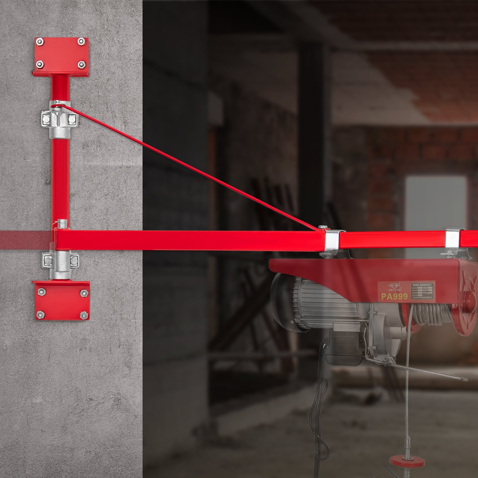 Brazo de elevación eléctrico VEVOR rojo montado en una pared de hormigón en un entorno industrial.