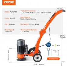 VEVOR Amoladora eléctrica para pisos de concreto, amoladora de 7 pulgadas, pulidora de pisos de concreto de 1,7 HP, rectificadora de 1300 W, amoladora de superficies con motor sin escobillas mejorada de 1720 RPM para granito/mármol/piedras