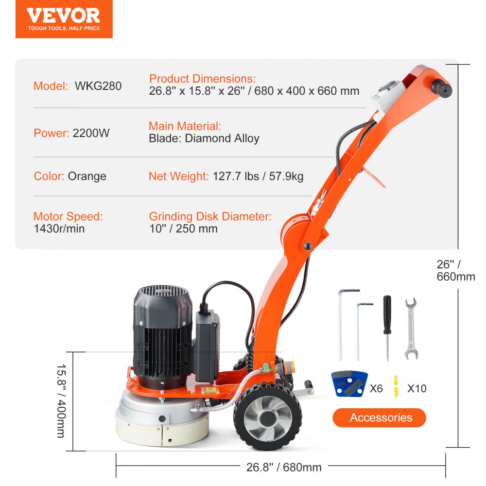 VEVOR Amoladora de piso de concreto Pulidora de conductor a pie de 10 "Máquina ajustable de 1.7HP