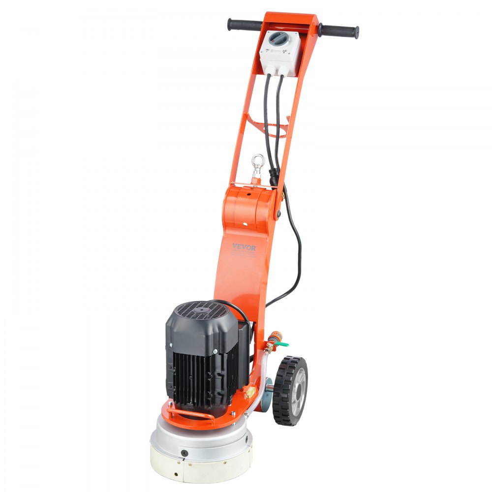 Amoladora de suelo de hormigón eléctrica VEVOR naranja con motor y mango negros, ruedas para movilidad.