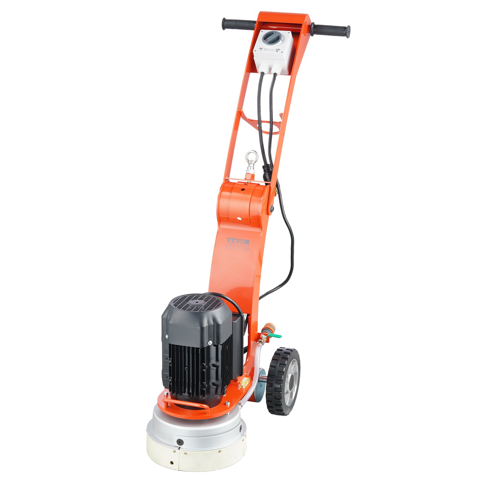 Amoladora de suelo de hormigón eléctrica VEVOR naranja con motor y mango negros, ruedas para movilidad.
