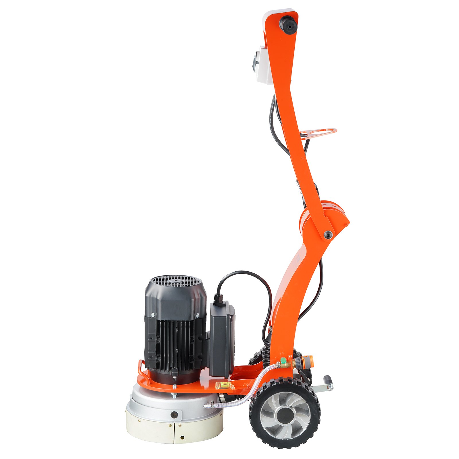 Amoladora de suelo de hormigón eléctrica VEVOR naranja con motor negro y ruedas dobles.