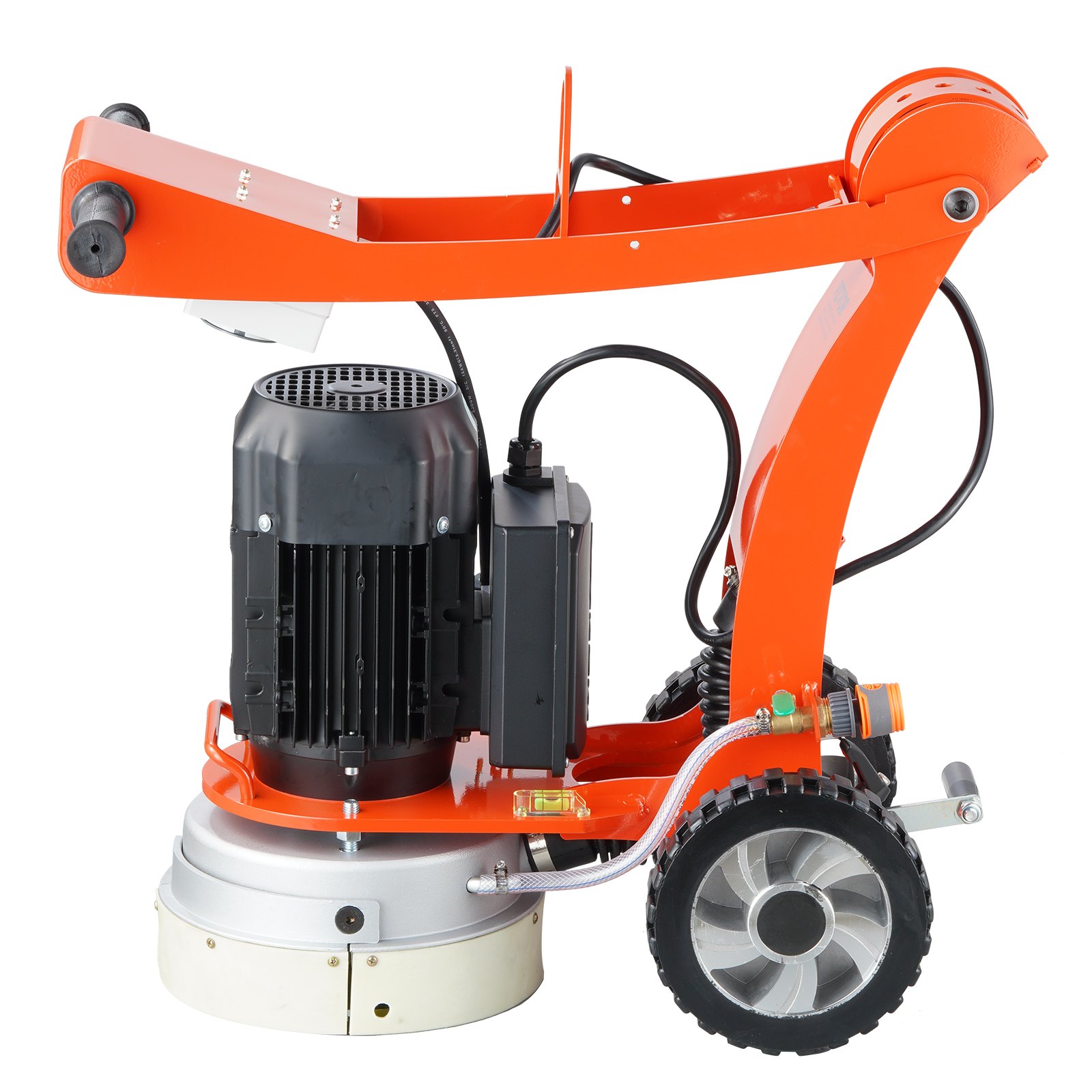 Amoladora de suelo de hormigón eléctrica VEVOR en color naranja con motor y ruedas de color negro.