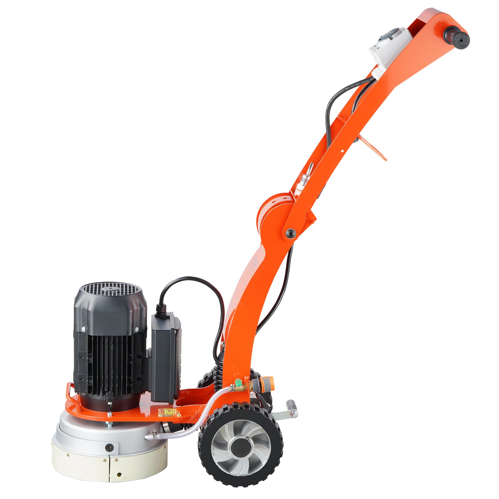 Amoladora de suelo de hormigón eléctrica VEVOR naranja con mango ergonómico y ruedas resistentes.