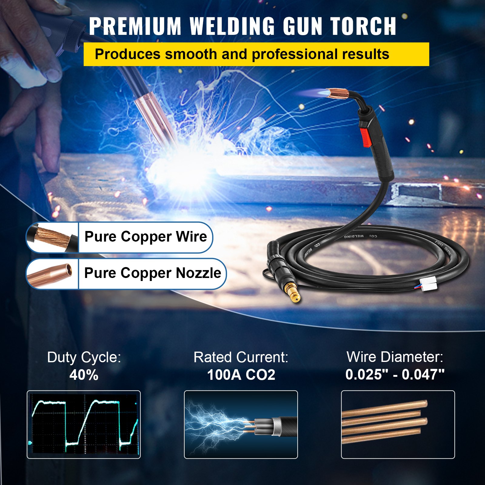 Pistola de soldadura MIG VEVOR que presenta un alambre de cobre puro y una boquilla contra chispas de soldadura.