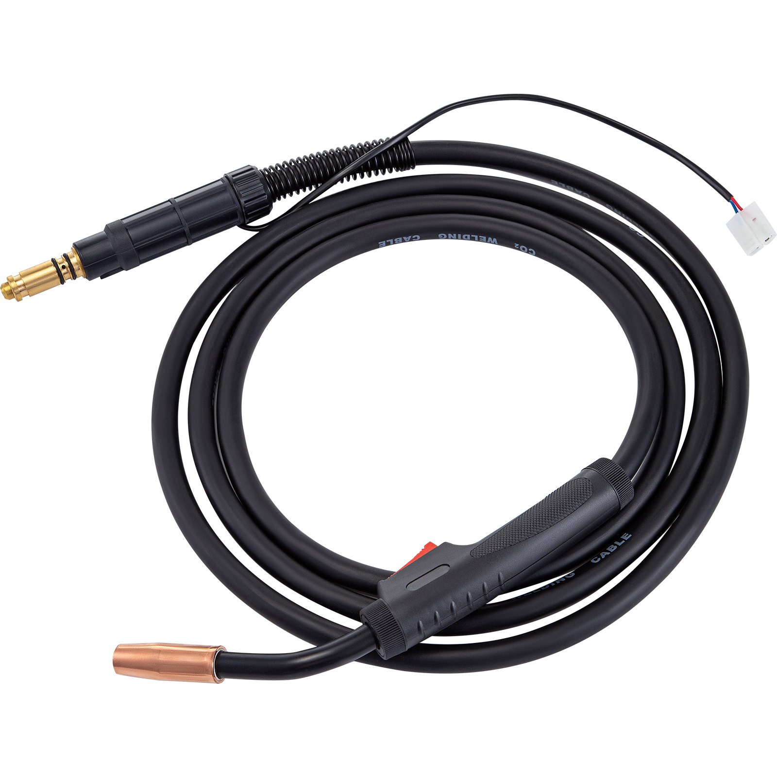 Pistola de soldadura MIG VEVOR con punta de cobre, mango negro y cable negro enrollado.
