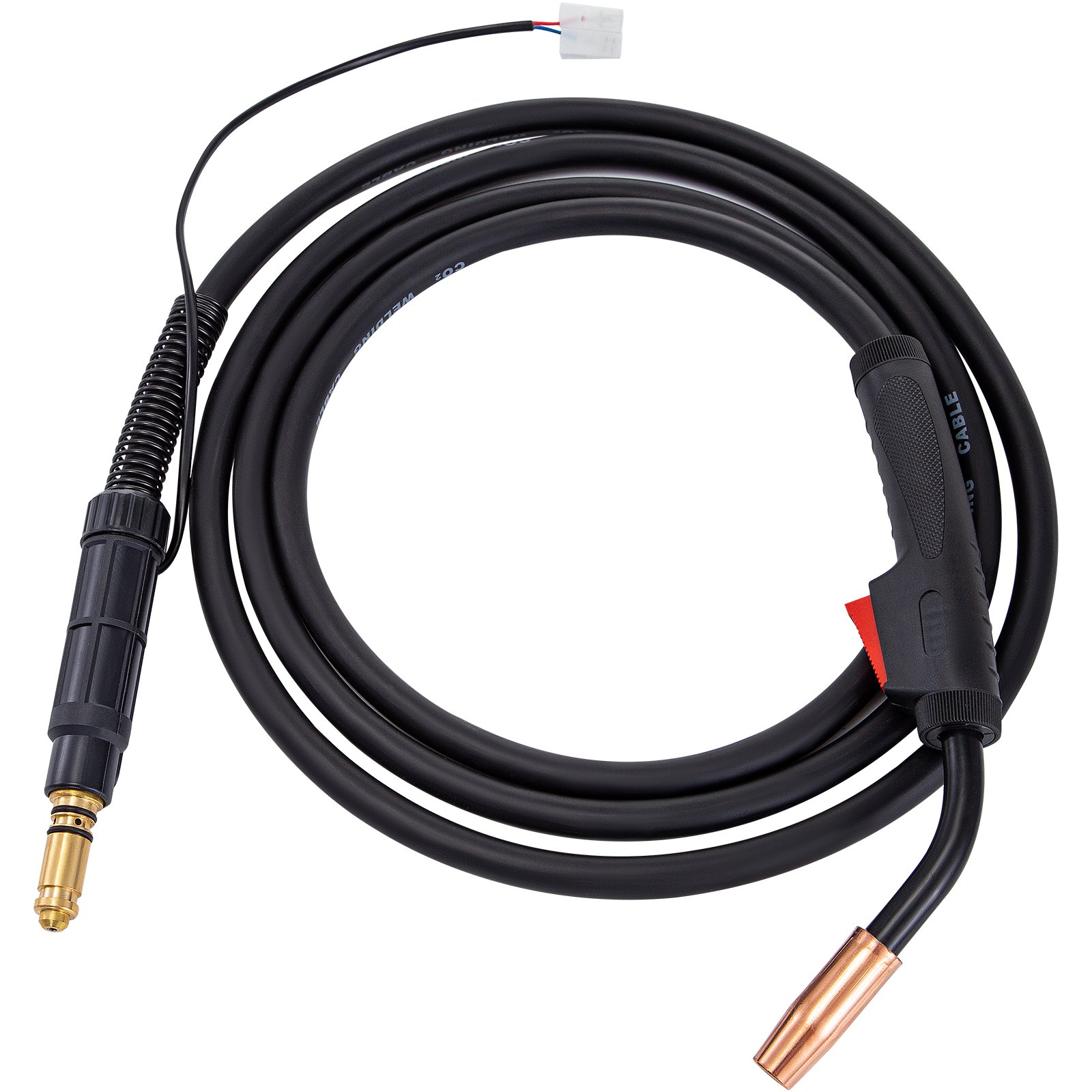 Pistola de soldadura MIG VEVOR negra con boquilla de cobre y cable en espiral.