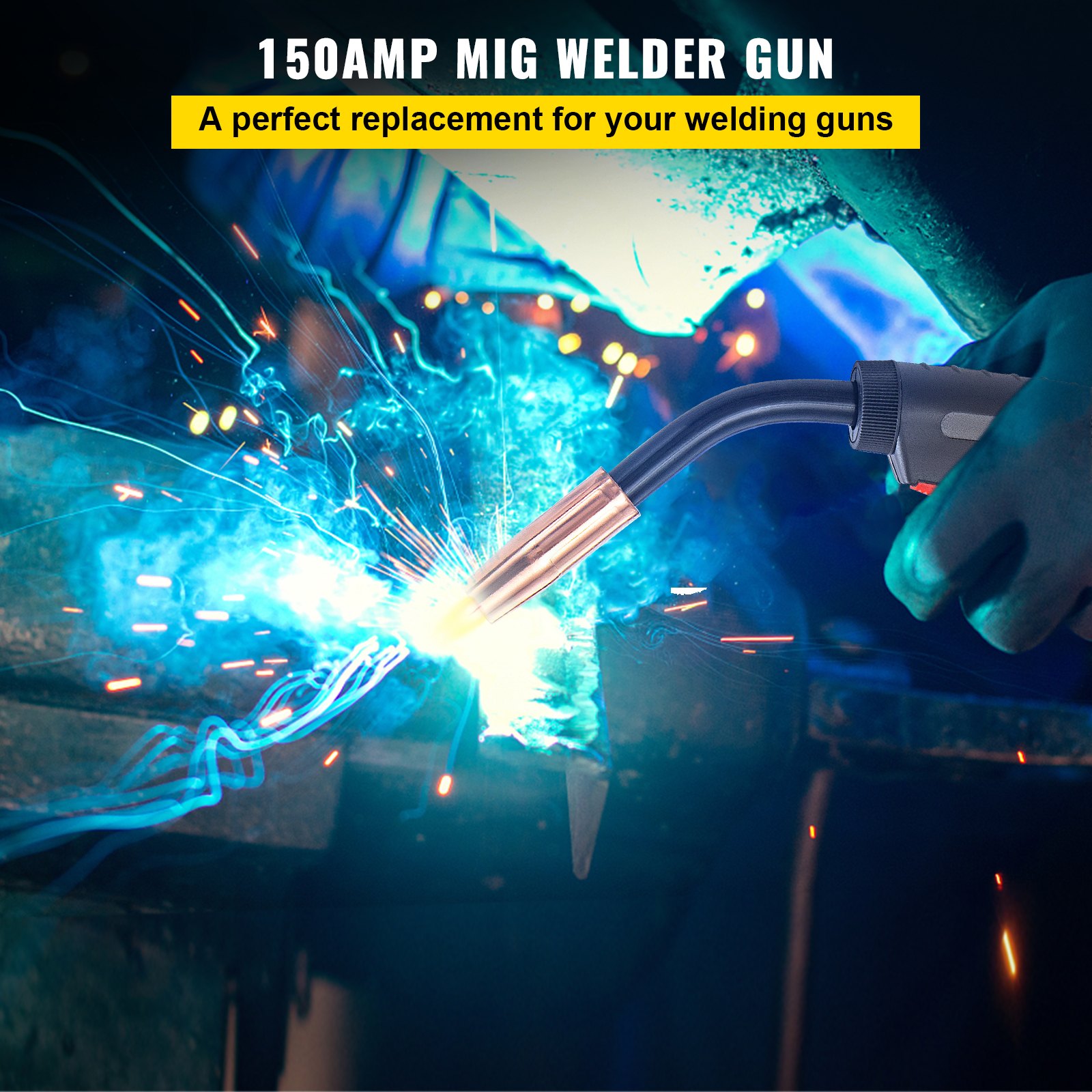 Soldadura de 150 amperios con antorcha de soldadura MIG Miller VEVOR, que produce chispas azules brillantes.