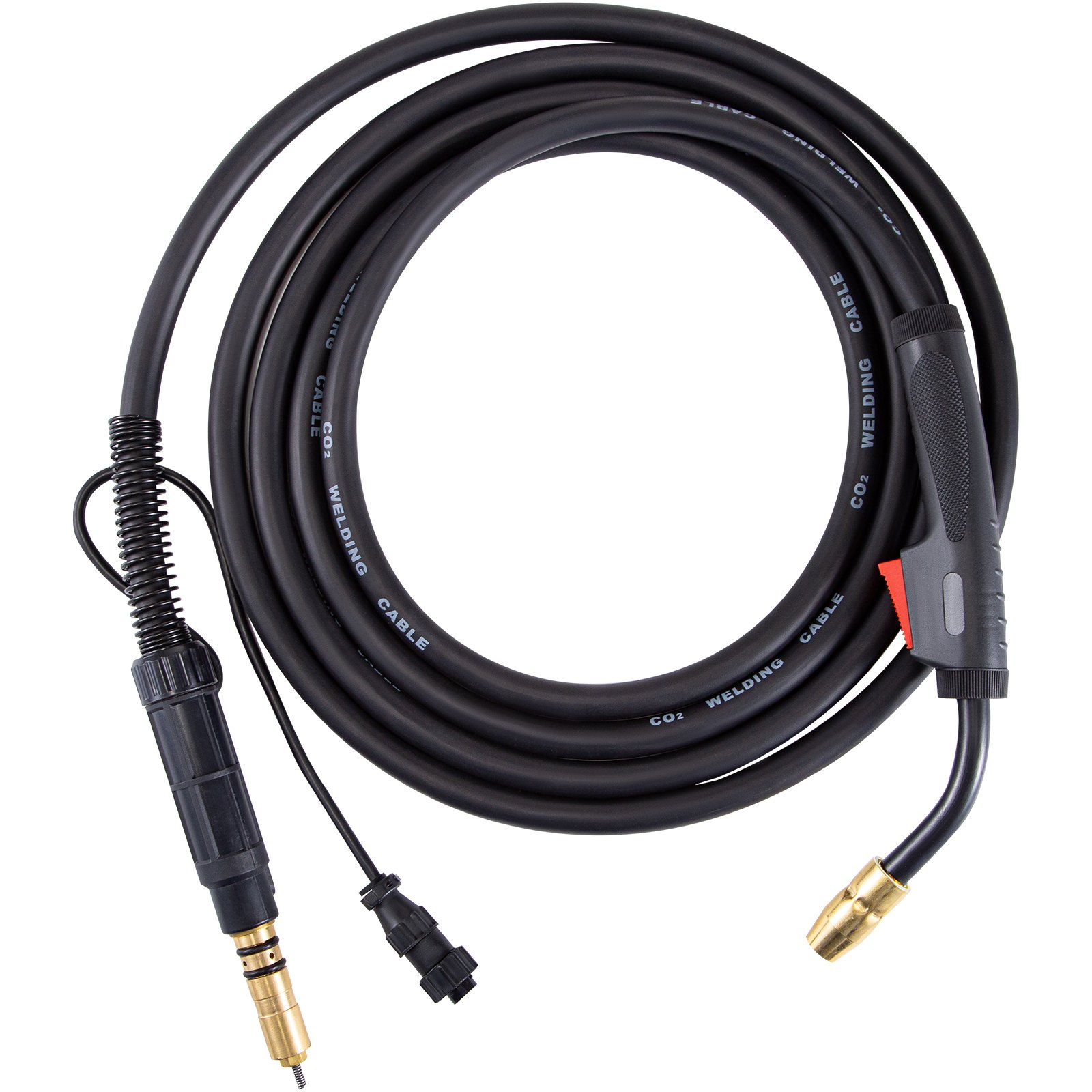 Antorcha de soldadura VEVOR miller mig con cable de soldadura de co2, negra con puntas de conexión doradas.