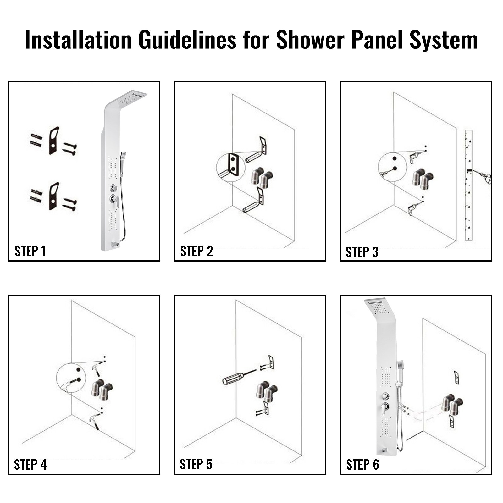 Diagrama de pasos de instalación del panel de ducha VEVOR para montaje en pared.