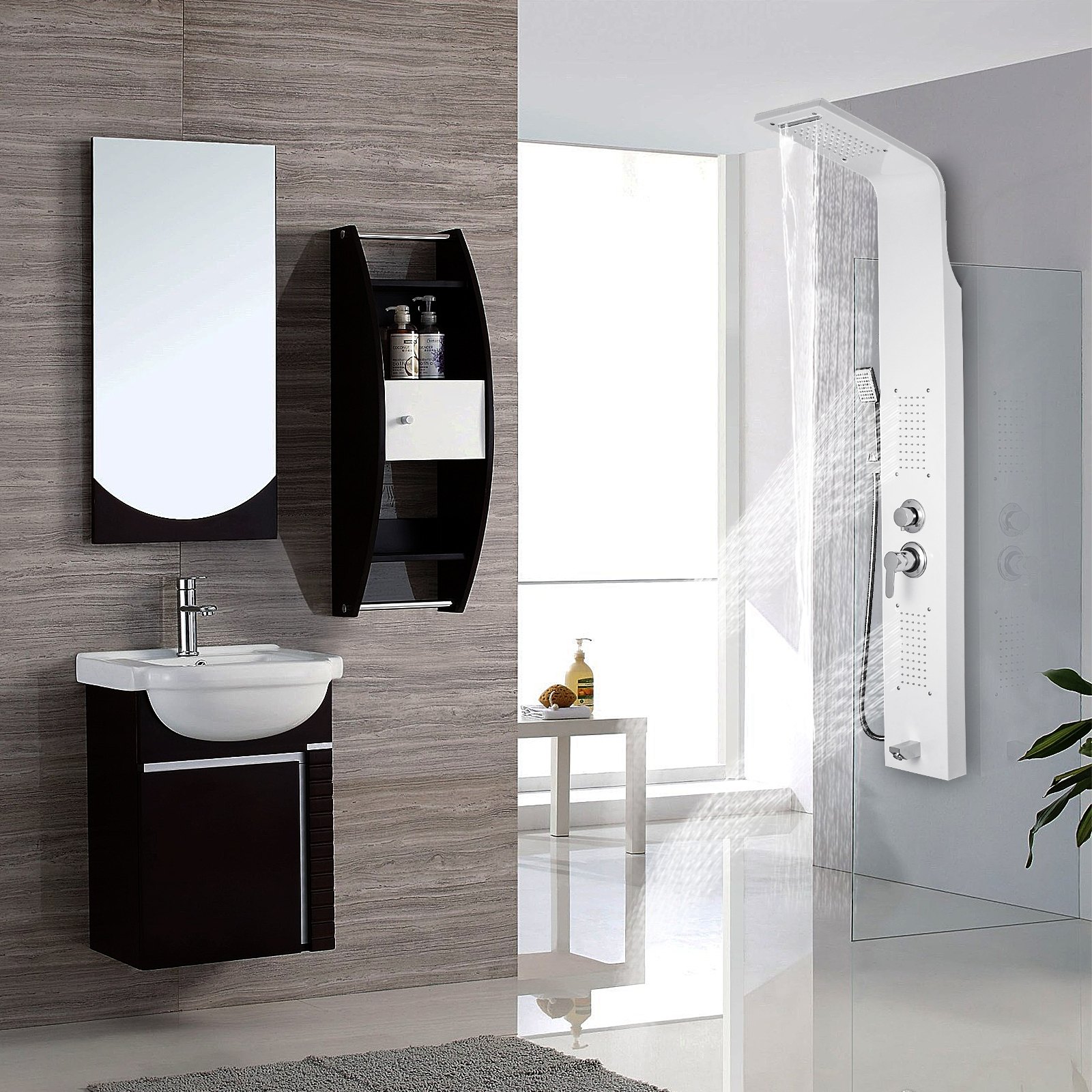 Baño moderno con panel de ducha VEVOR, tocador elegante y mueble de pared negro.