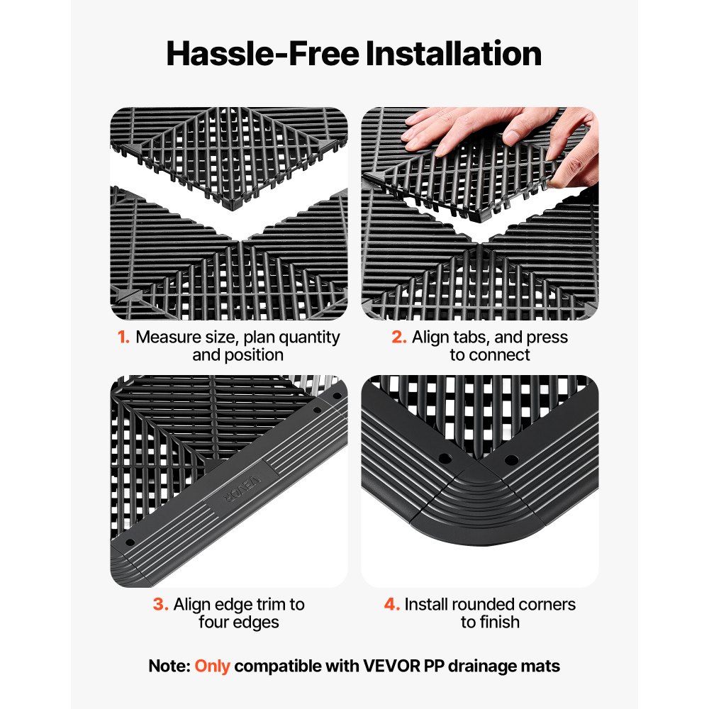 VEVOR Kit de Bordes para Baldosas Entrelazadas, Paquete de 11 Piezas y 4 Esquinas, Bordes de Transición para Azulejos de Drenaje para Suelo de Garaje, Polipropileno, para Terraza Taller Piscina, Negro