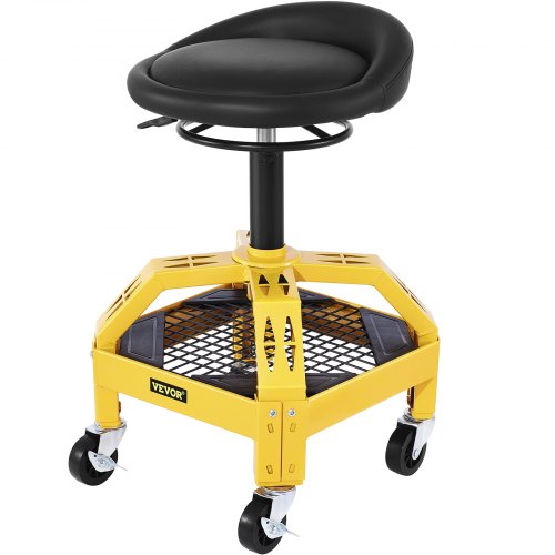 VEVOR Taburete de garaje con ruedas, capacidad de 300 libras, altura ajustable de 24 a 28,7 pulgadas, asiento mecánico con ruedas giratorias de 360 grados y bandeja de herramientas, para taller, taller de reparación de automóviles, amarillo