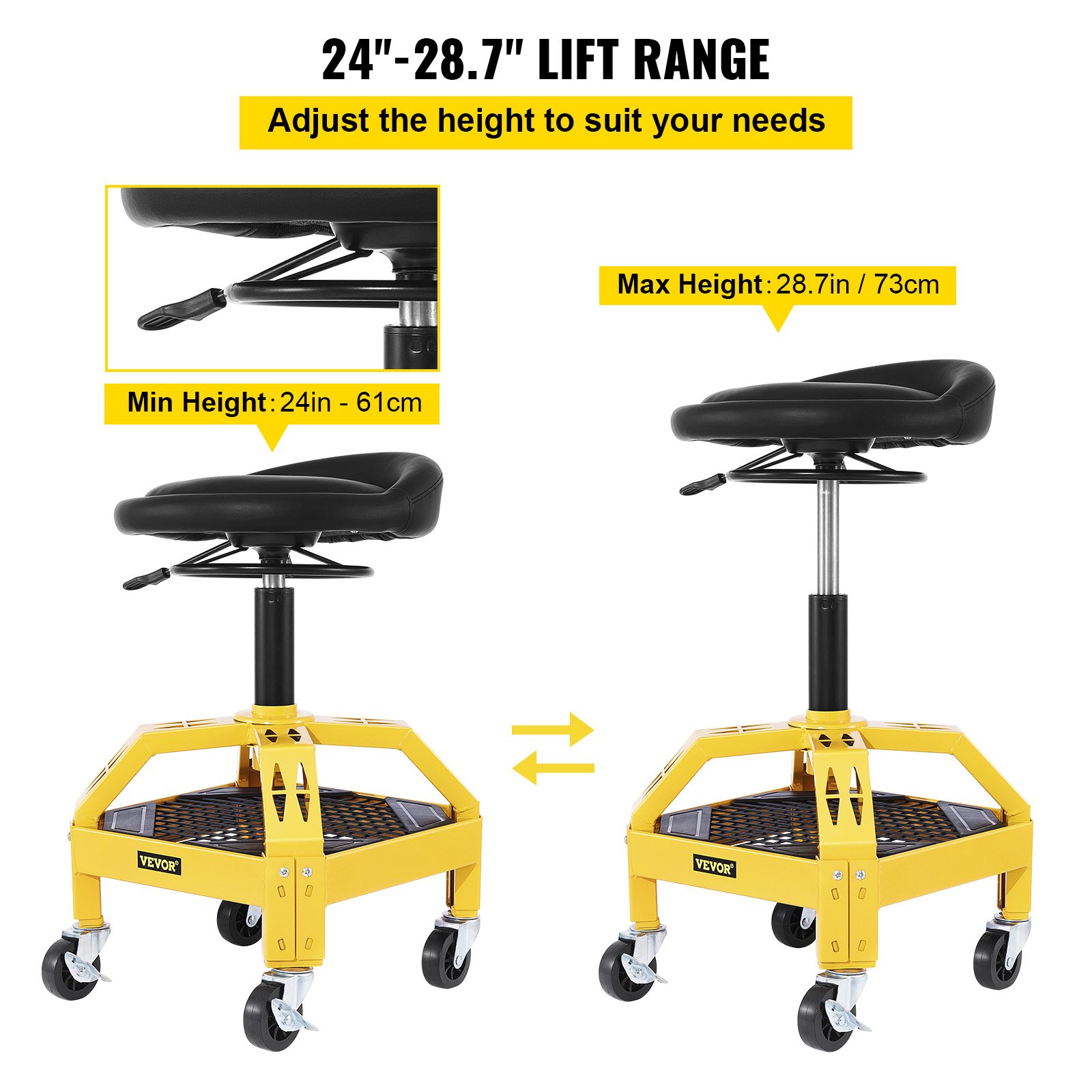 Taburete de garaje con ruedas VEVOR con altura ajustable de 24&quot; a 28,7&quot;, con ruedas giratorias.