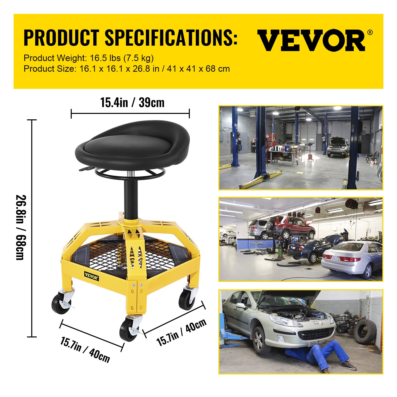 Taburete de garaje con ruedas VEVOR con especificaciones, mostrado en un concurrido entorno de garaje automotriz.