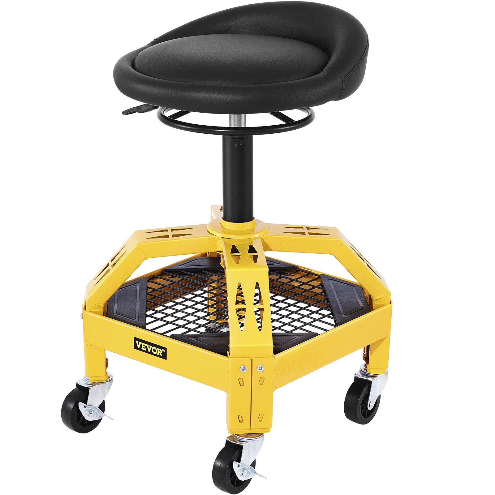 Taburete de garaje con ruedas VEVOR con asiento ajustable y estructura de acero amarillo sobre ruedas.