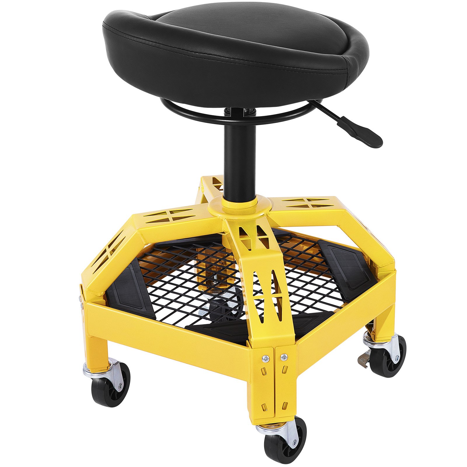Taburete de garaje con ruedas VEVOR amarillo con cojín negro y ruedas giratorias.