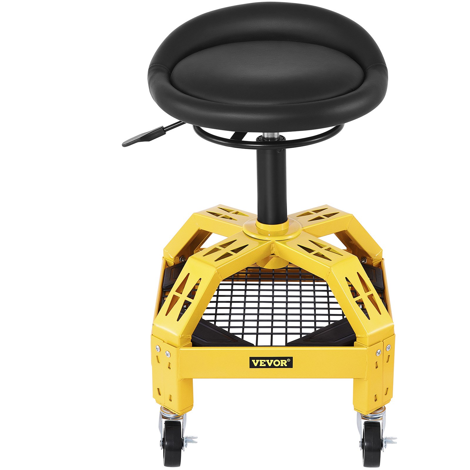 Taburete de garaje con ruedas VEVOR con asiento acolchado y estructura de acero amarillo sobre ruedas giratorias.