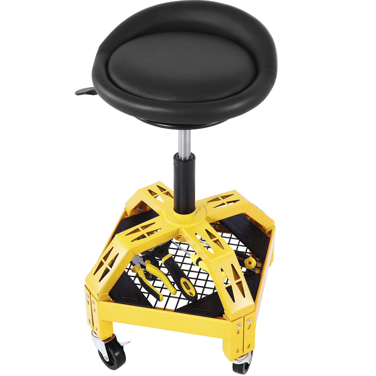 Taburete de garaje con ruedas VEVOR con asiento acolchado negro y bandeja para herramientas de metal amarillo.