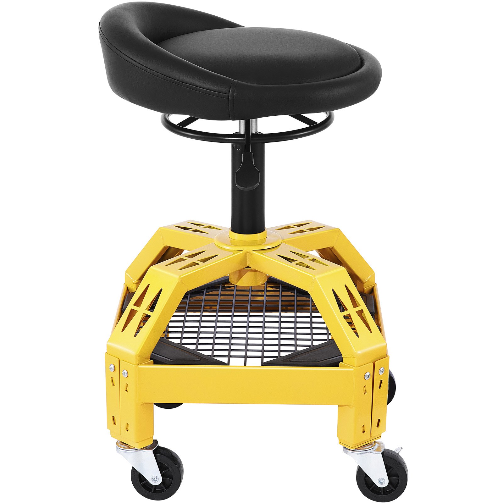 Taburete de garaje con ruedas VEVOR con asiento negro y base amarilla sobre ruedas.