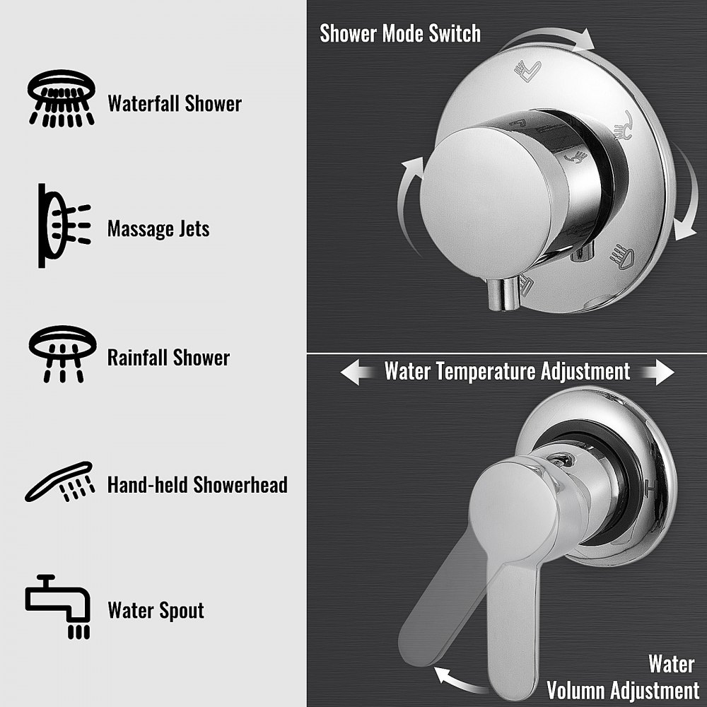 Controles del sistema de panel de ducha VEVOR, modos que incluyen cascada, lluvia, chorros de masaje y más.