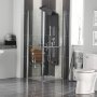 Baño moderno con sistema de panel de ducha VEVOR, mampara de cristal y paredes alicatadas.