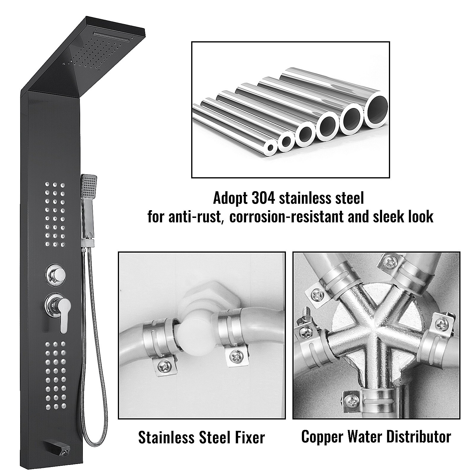 Sistema de panel de ducha VEVOR, acero inoxidable 304, rociador de mano, distribuidor de cobre.