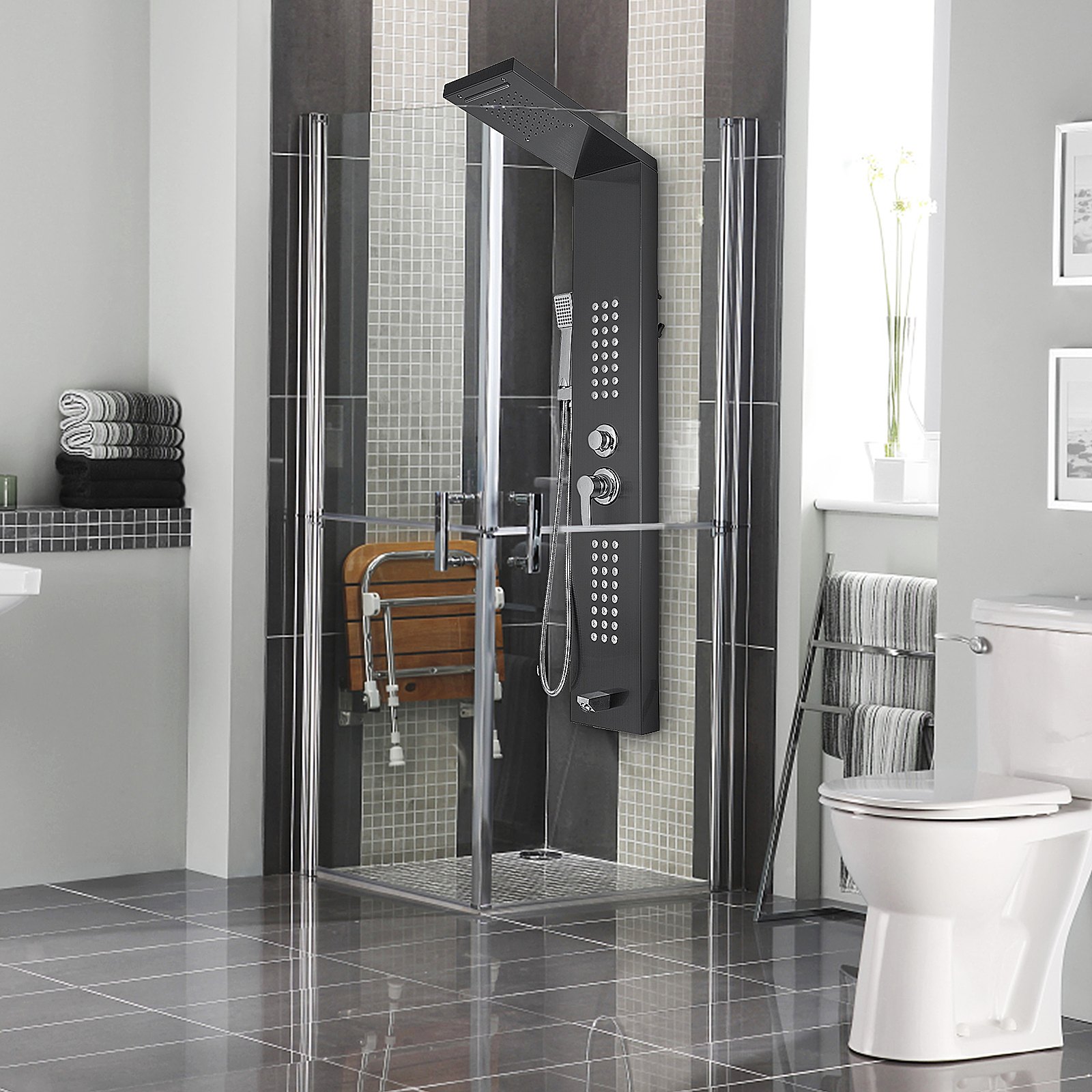 Baño moderno con sistema de panel de ducha VEVOR, mampara de cristal y paredes alicatadas.