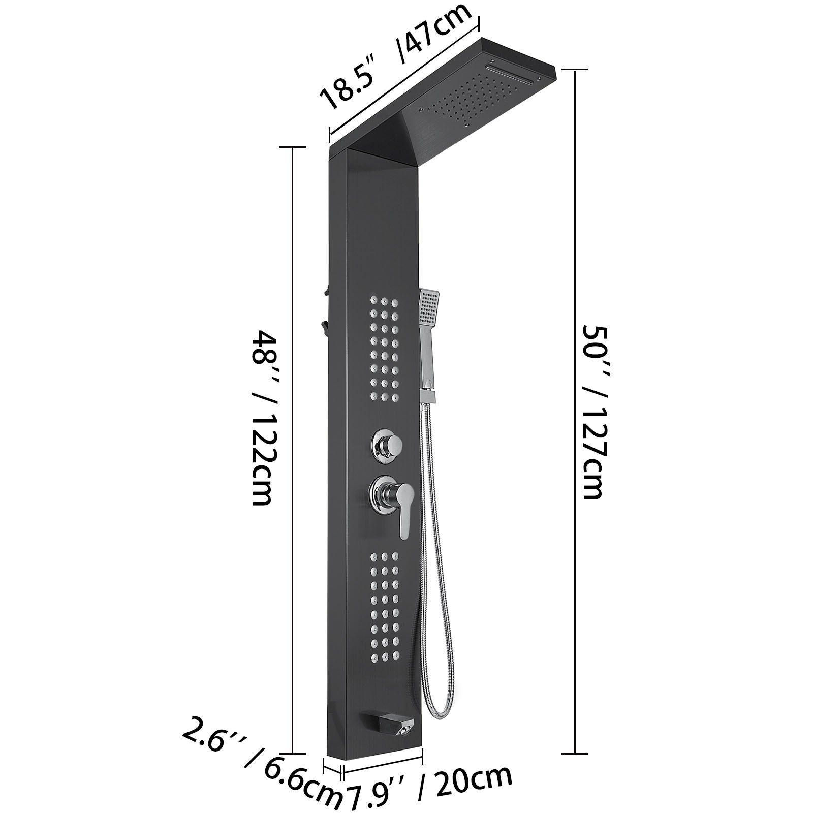 Sistema de panel de ducha VEVOR con dimensiones resaltadas en acabado negro.
