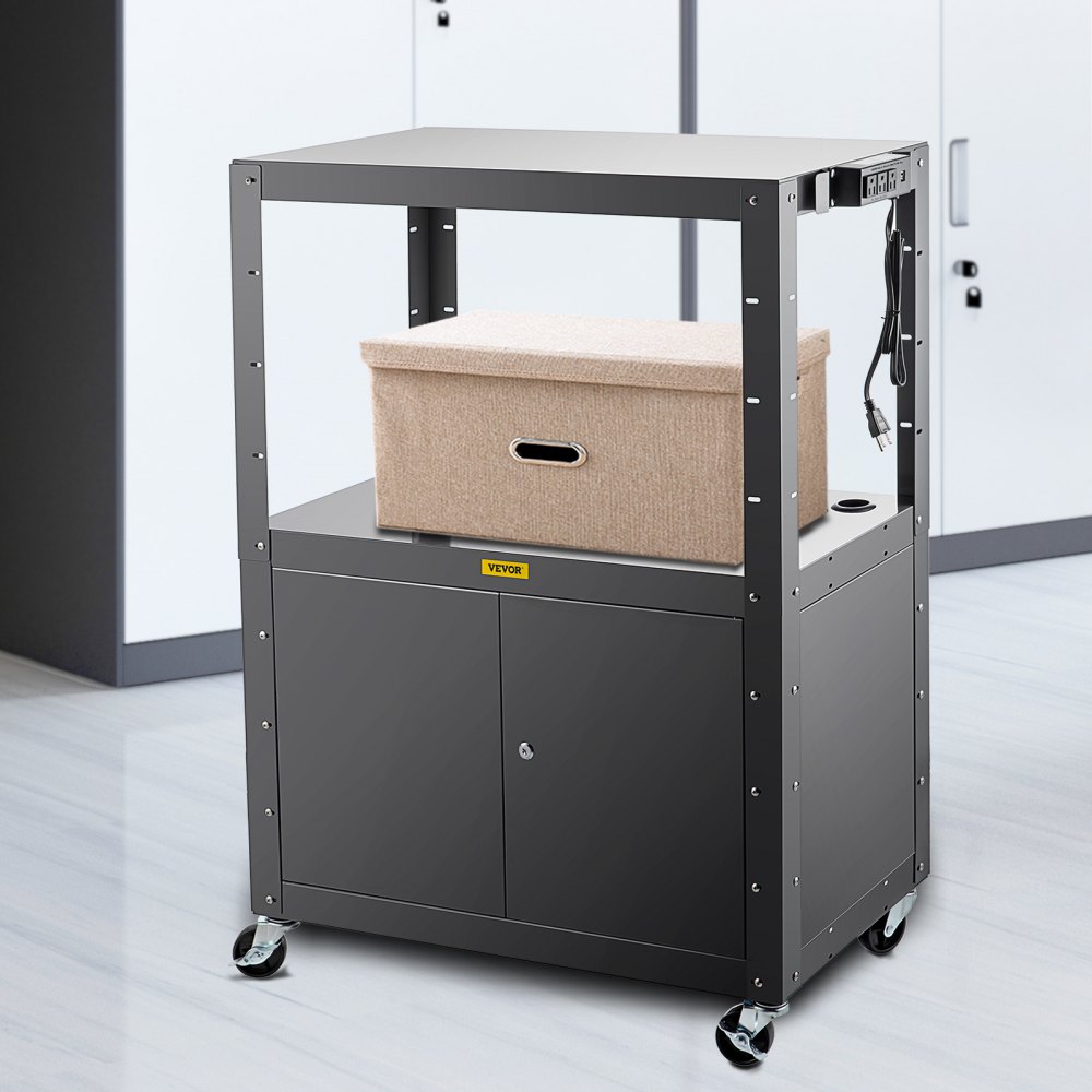 Carro audiovisual de acero VEVOR, carro multimedia de 41 pulgadas de altura ajustable con gabinete con cerradura, carro de presentación de 33" x 18" de ancho adicional con 3 estantes, carro para proyector con ruedas de 150 lb con 4 ruedas y 2 frenos