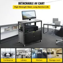 Carro AV de acero VEVOR, carro multimedia de 41 pulgadas de altura ajustable con gabinete de bloqueo, carro de presentación de 33 x 18 pulgadas de ancho extra con 3 estantes, carro de proyector rodante de 150 libras con 4 ruedas y 2 frenos