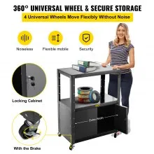 Carro AV de acero VEVOR, carro multimedia de 41 pulgadas de altura ajustable con gabinete de bloqueo, carro de presentación de 33 x 18 pulgadas de ancho extra con 3 estantes, carro de proyector rodante de 150 libras con 4 ruedas y 2 frenos