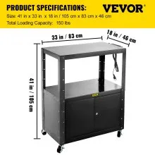 Carro AV de acero VEVOR, carro multimedia de 41 pulgadas de altura ajustable con gabinete de bloqueo, carro de presentación de 33 x 18 pulgadas de ancho extra con 3 estantes, carro de proyector rodante de 150 libras con 4 ruedas y 2 frenos