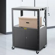Carro AV de acero VEVOR, carro multimedia de 41 pulgadas de altura ajustable con gabinete de bloqueo, carro de presentación de 33 x 18 pulgadas de ancho extra con 3 estantes, carro de proyector rodante de 150 libras con 4 ruedas y 2 frenos