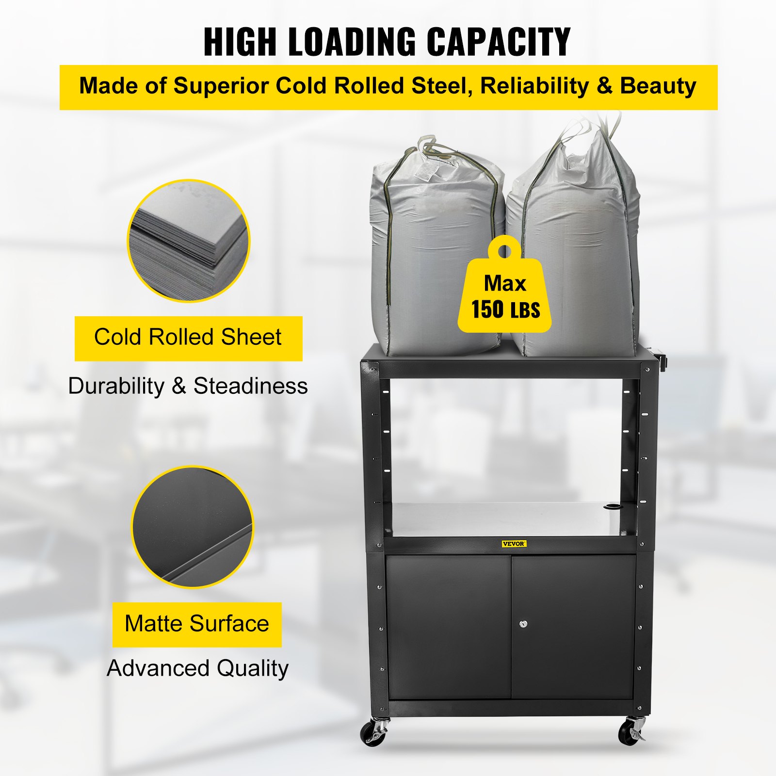 Carro audiovisual de acero VEVOR, carro multimedia de 41 pulgadas de altura ajustable con gabinete con cerradura, carro de presentación de 33" x 18" de ancho adicional con 3 estantes, carro para proyector con ruedas de 150 lb con 4 ruedas y 2 frenos