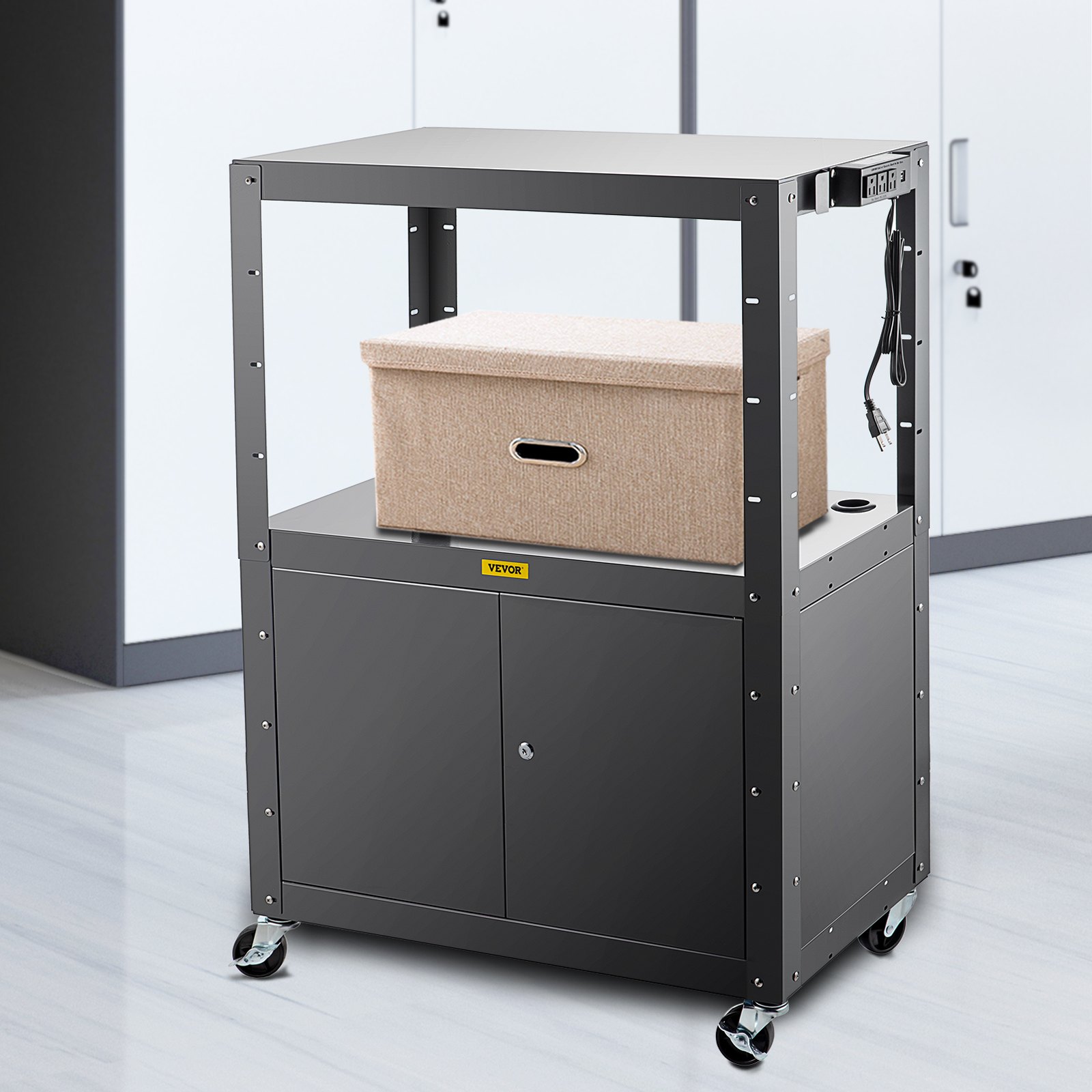 Carro audiovisual de acero VEVOR, carro multimedia de 41 pulgadas de altura ajustable con gabinete con cerradura, carro de presentación de 33" x 18" de ancho adicional con 3 estantes, carro para proyector con ruedas de 150 lb con 4 ruedas y 2 frenos