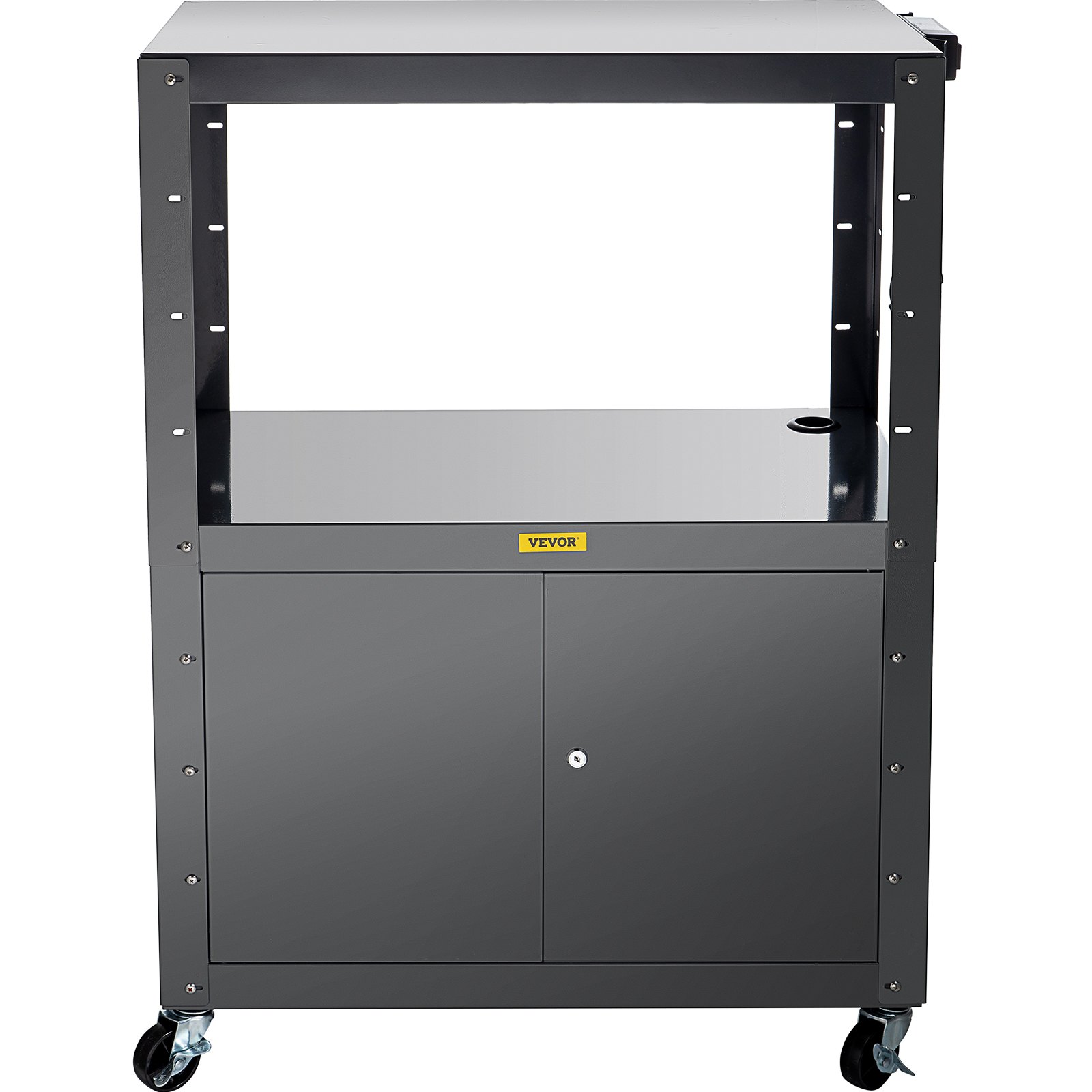 Carro audiovisual de acero VEVOR, carro multimedia de 41 pulgadas de altura ajustable con gabinete con cerradura, carro de presentación de 33" x 18" de ancho adicional con 3 estantes, carro para proyector con ruedas de 150 lb con 4 ruedas y 2 frenos