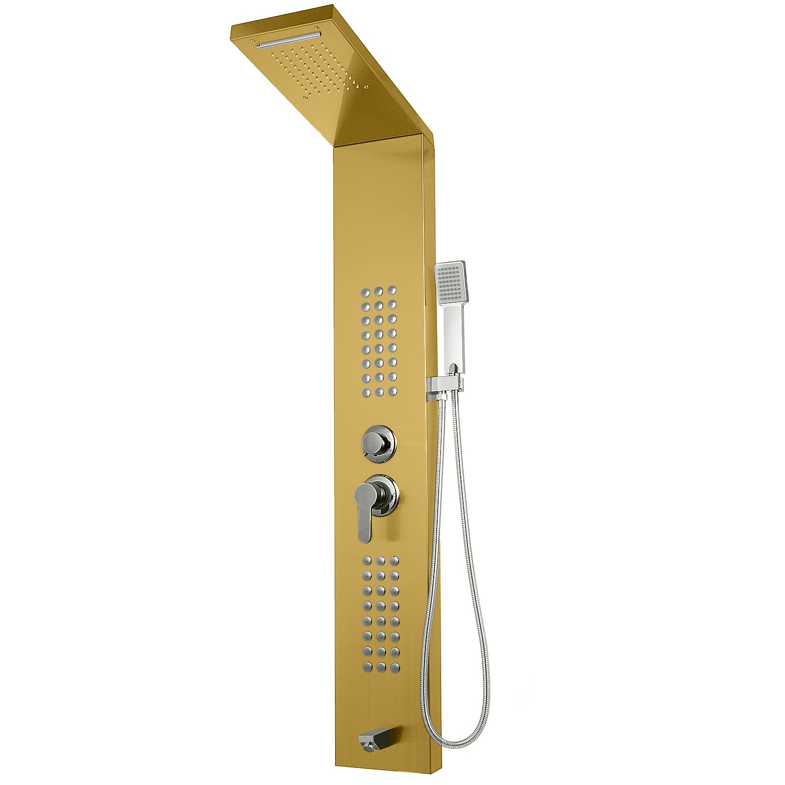Sistema de torre de panel de ducha VEVOR dorado con cabezal de ducha de mano y múltiples boquillas.