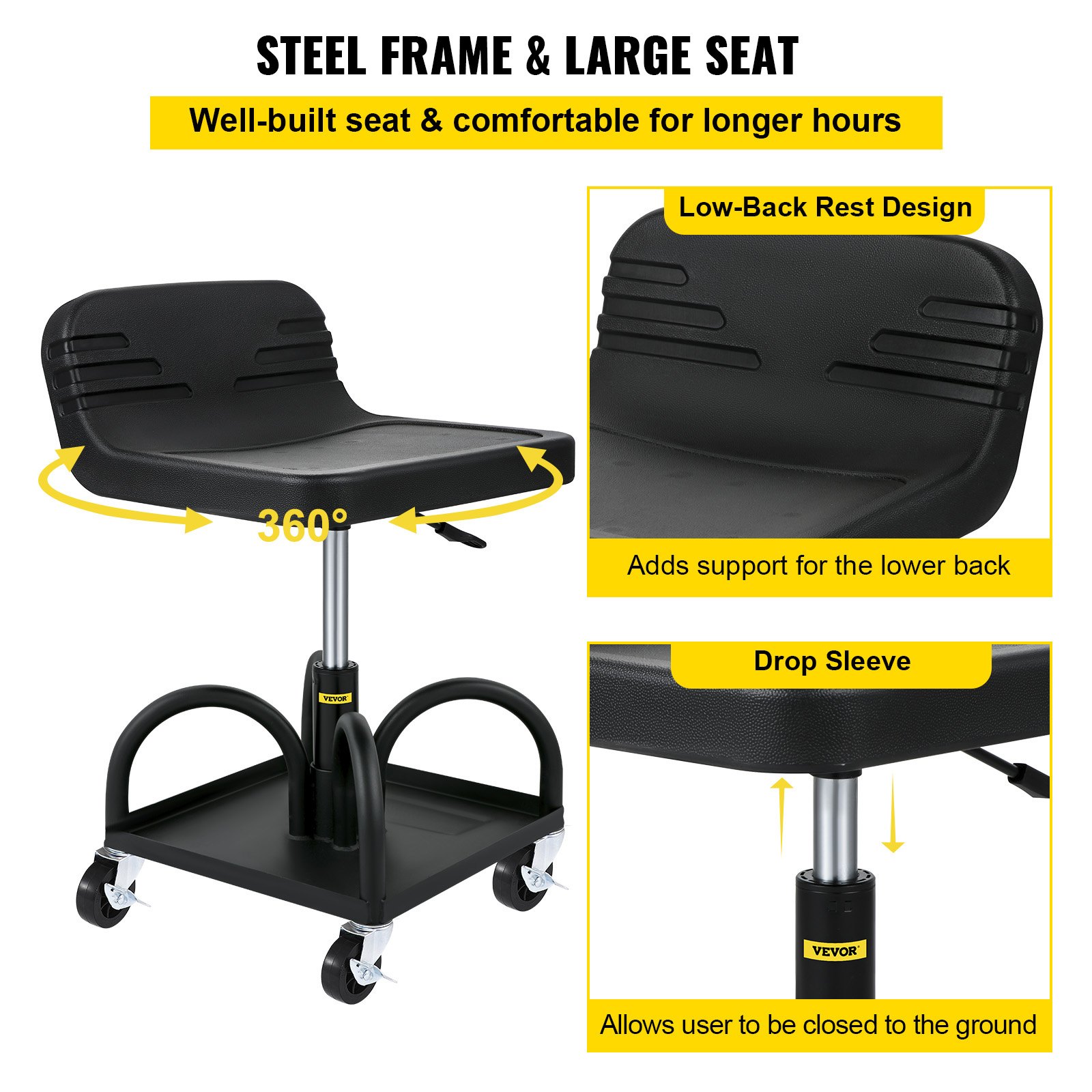 Taburete de garaje con ruedas VEVOR con asiento giratorio de 360° y diseño de respaldo bajo.