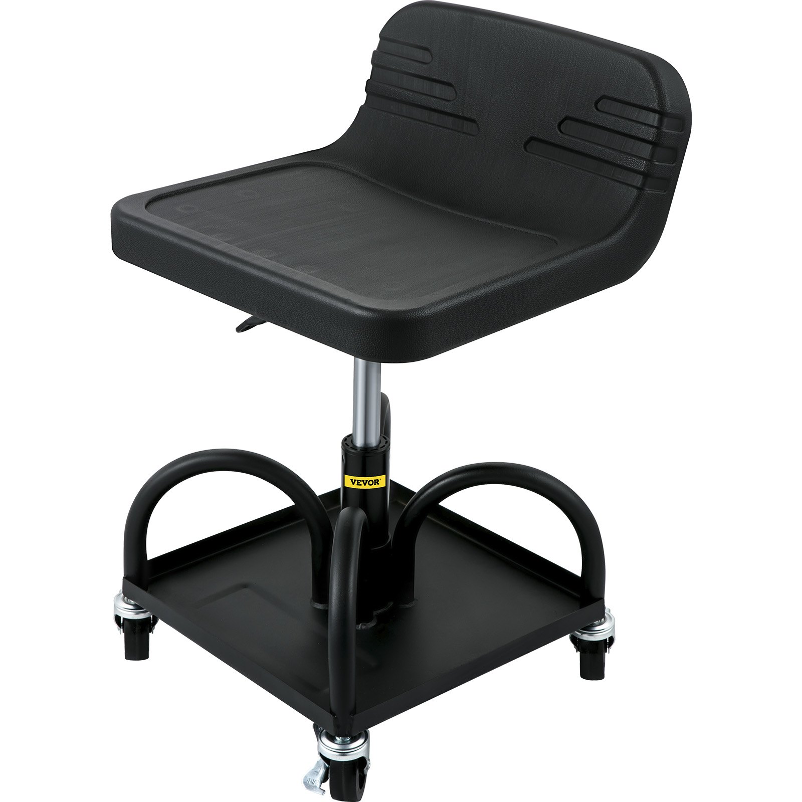 Taburete de garaje con ruedas VEVOR negro con asiento acolchado y cuatro ruedas giratorias.