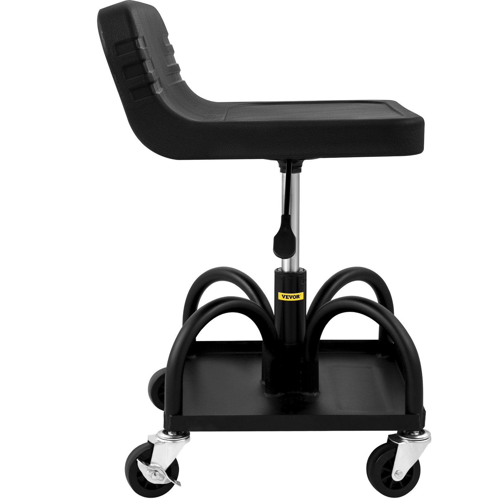 Taburete de garaje con ruedas VEVOR negro con asiento acolchado, altura ajustable y ruedas giratorias.