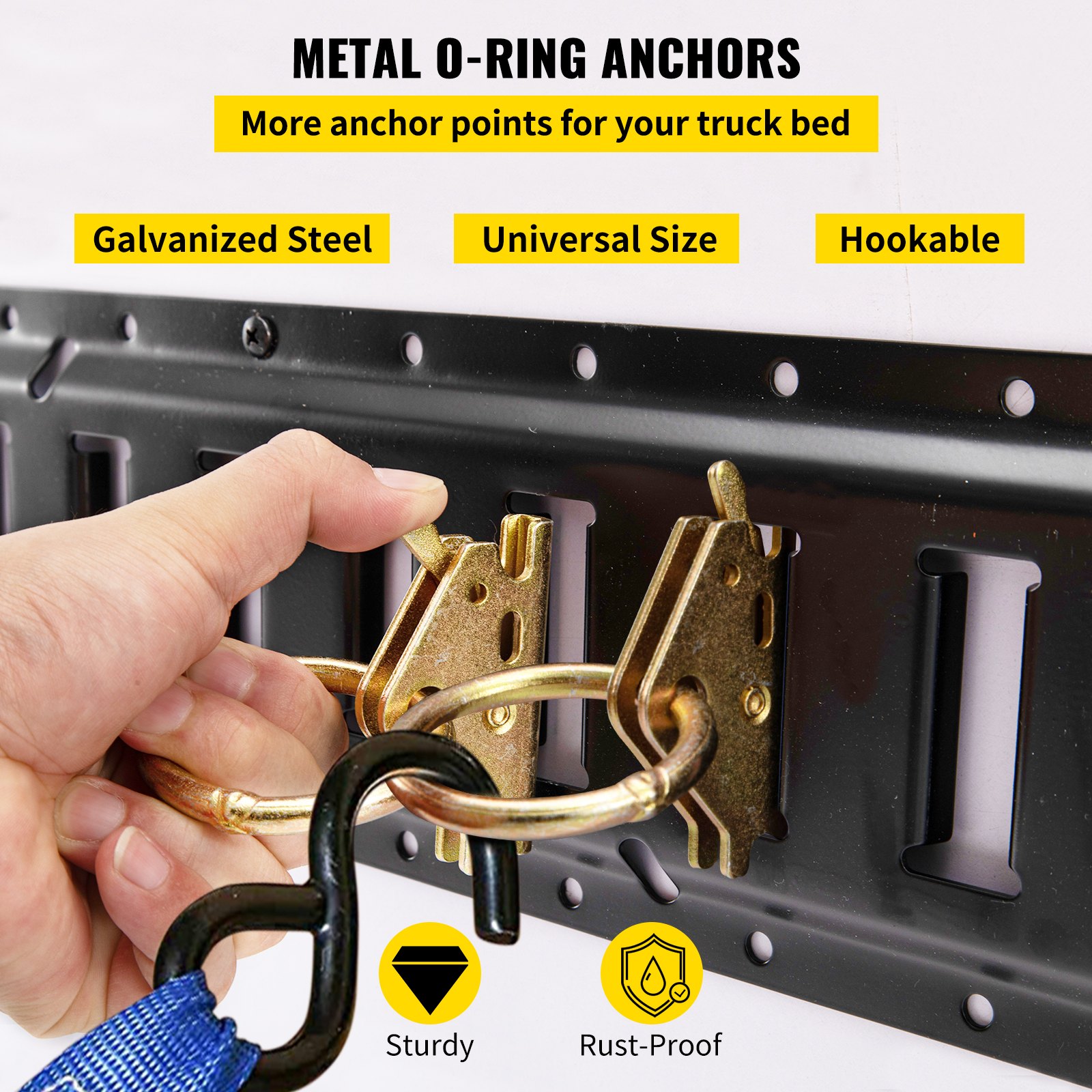 Kit de riel de amarre VEVOR e-track con anclajes de junta tórica de metal en la plataforma de un camión, que muestra características de robustez y resistencia a la oxidación.